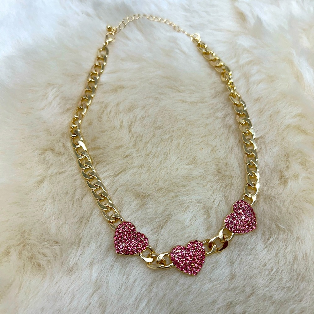 New Fashion Jewelry Gold Link Necklace with Three Pink Hearts